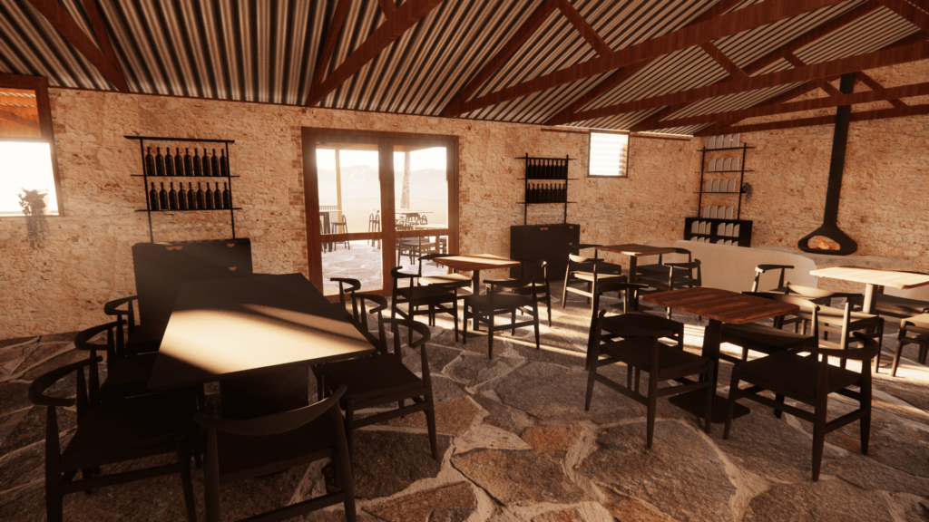 Exposed high beam timber ceiling, concrete and exposed brick walls and rustic warm timber colour palette for this winery hospitality fit out for Shingleback Winery, Total Fitouts Adelaide Central